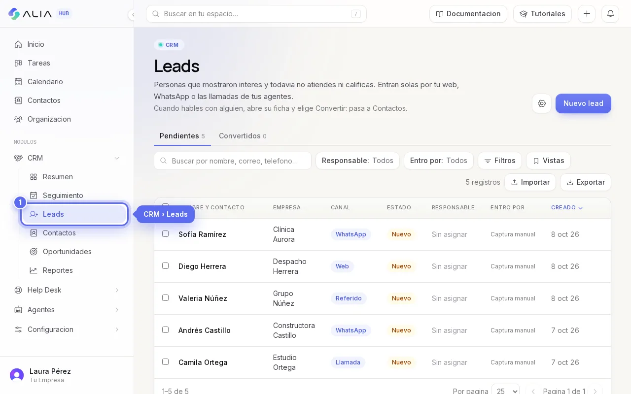 CRM: Entra a CRM, Leads: aquí llegan las personas que mostraron interés.
